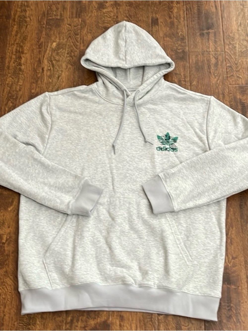 adidas Light Gray Hoodie with Green Trefoil Chest Logo